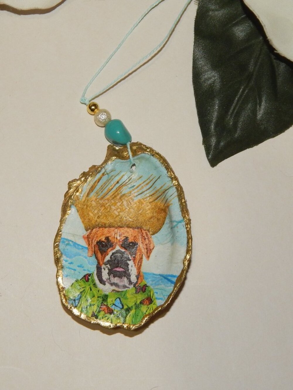 Caribbean Calypso Boxer Beach Dog - Oyster Shell Decoupage Ornament - Handmade